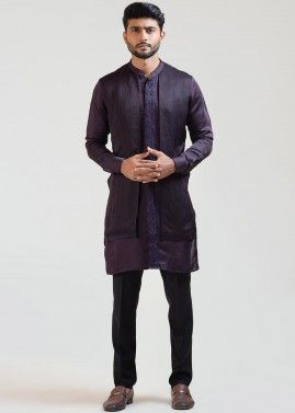 Purple Embroidered Jacket Style Kurta Pajama Set