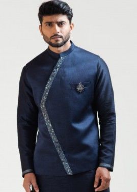 Readymade Navy Blue Embroidered Nehru Jacket