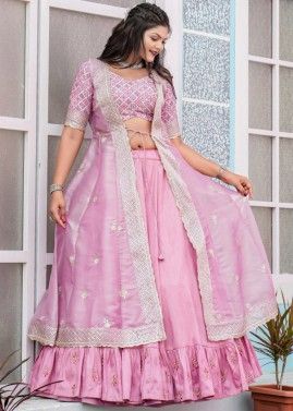 Pink Embroidered Skirt Set With Jacket