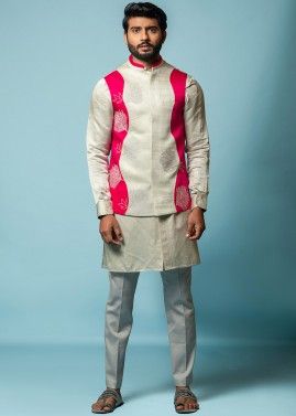 Grey Kurta Pajama With Nehru Jacket In Linen