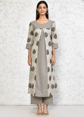 Grey Digital Printed Readymade Pant Suit In Cotton