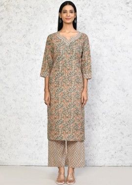 Beige Cotton Readymade Pant Suit In Digital Print