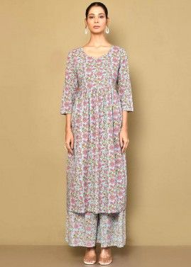 Light Blue Cotton Readymade Palazzo Suit In Digital Print