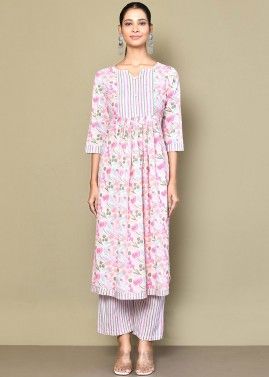 Pink Digital Printed Cotton Readymade Pant Suit