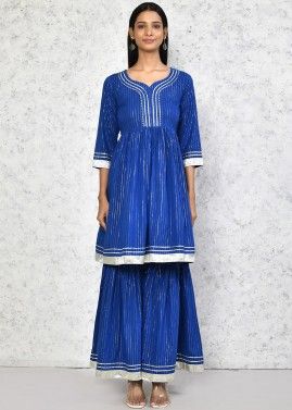 Blue Cotton Readymade Flared Style Kurti Sharara Suit