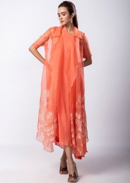 Peach Embroidered Dress With Jacket