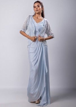 Blue Chiffon Dress With Embroidered Jacket
