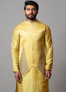 Yellow Asymmetric Embroidered Nehru Jacket