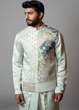 White Embroidered Linen Nehru Jacket