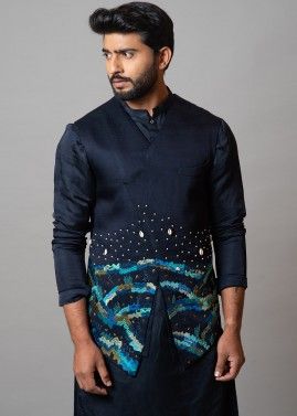 Blue Asymmetric Embroidered Nehru Jacket