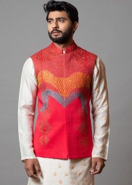 Red Embroidered Nehru Jacket In Art Silk