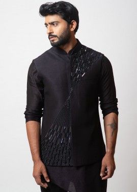 Black Art Silk Nehru Jacket
