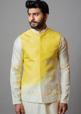 Yellow Art Silk Embroidered Nehru Jacket