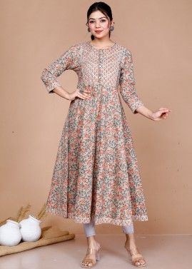 Readymade Brown Flared Kurta In Floral Print