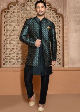 Green Woven Jacket Style Sherwani Set