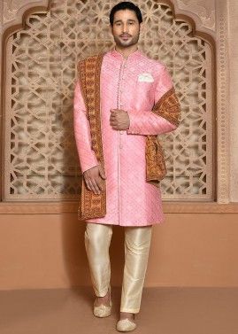 Readymade Pink Woven Design Sherwani Set