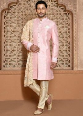 Pink Sherwani Set In Woven Designs