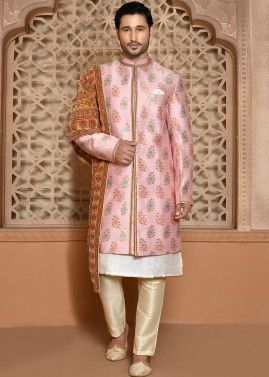 Mens Pink Woven Sherwani & Pajama