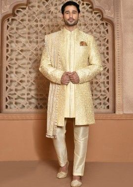 Golden Jacket Style Woven Sherwani Set