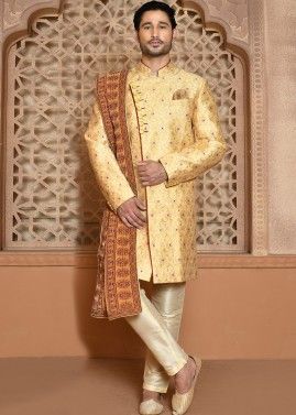 Readymade Mens Golden Woven Sherwani Set