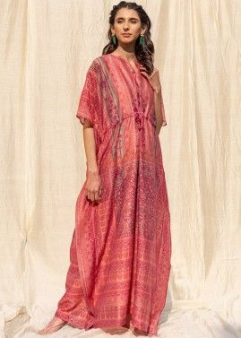Pink Readymade Printed Kaftan in Silk