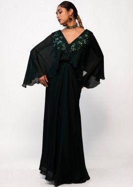 Green Embroidered Draped Style Dress