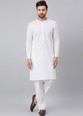 White Cotton Kurta Pajama For Mens