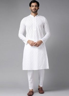 White Cotton Kurta Pajama In Chikankari Work