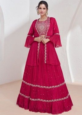 Readymade Emroidered Jacket Style Skirt Set In Pink