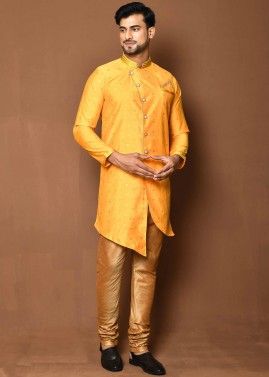 Yellow Asymmetric Printed Indo Western Sherwani Set