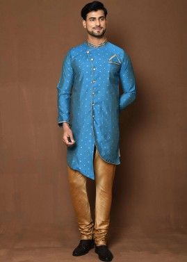 Blue Printed Mens Asymmetric Indo Western Sherwani