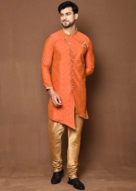 Orange Printed Mens Indo Western Sherwani Set