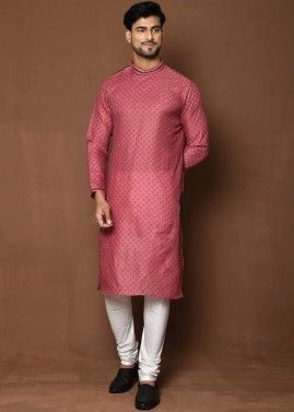 Pink Readymade Printed Mens Kurta Pajama