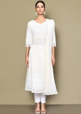 White Readymade Embroidered Kurta In Cotton