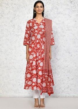 Red Readymade Printed Cotton Anarkali Kurti & Dupatta