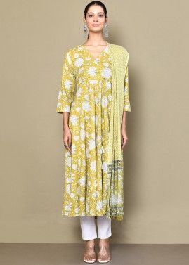Yellow Readymade Printed Cotton Anarkali Kurti