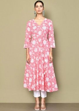 Pink Readymade Printed Anarkali Kurti In Cotton