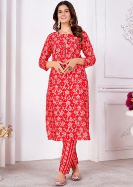 Red Printed Kurta Set In Silk