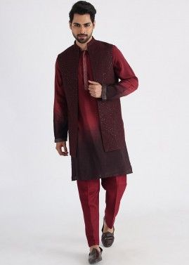 Shaded Maroon Kurta Pajama & Embroidered Nehru Jacket