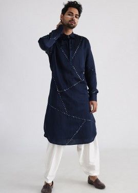 Navy Blue Mirror Embellished Pathani Suit