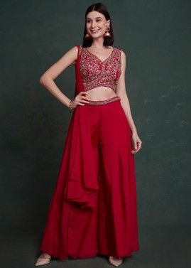 Red Readymade Crop Top And Palazzo In Rayon