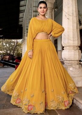 Yellow Readymade Embroidered Skirt Set In Georgette
