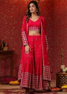 Red Embroidered Co-Ord Set In Georgette