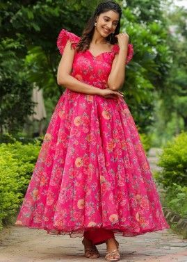 Pink Readymade Floral Printed Long Dress