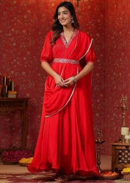 Red Embroidered Dress With Attached Draped Dupatta