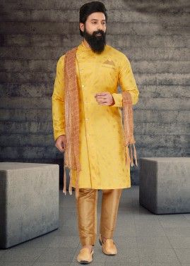 Yellow Cotton Silk Indo Western Sherwani