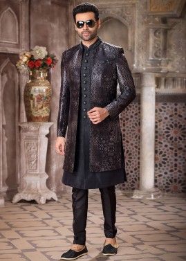 Black Printed Mens Jacket Style Indo Western Sherwani Set
