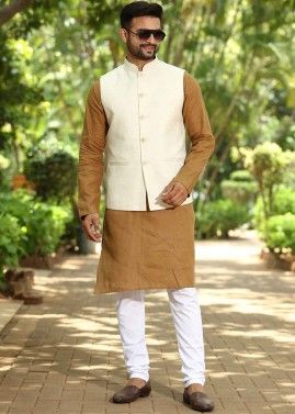 Beige Color Cotton Kurta Pajama with Nehru Jacket