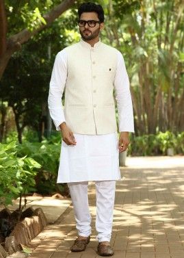 White Color Cotton Kurta Pajama with Nehru Jacket