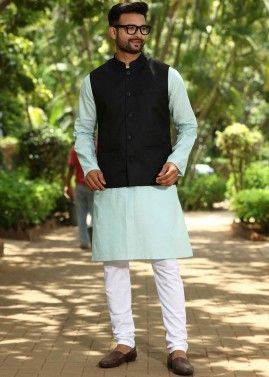 Blue Color Cotton Kurta Pajama with Nehru Jacket